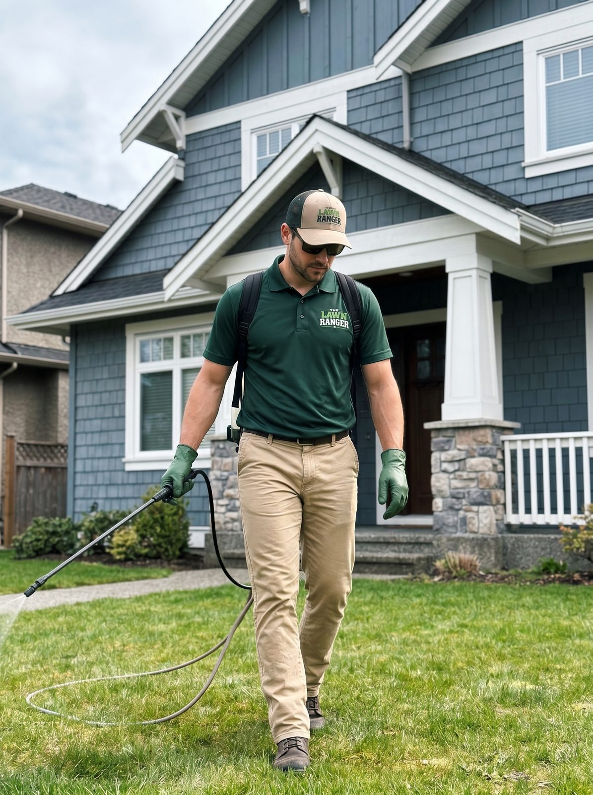 The Lawn Ranger homepage — technician walking across a Lower Mainland residential lawn